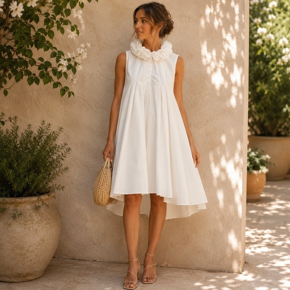 Dresses & Skirts - Style White Ruffle Neck Mini Swing Dress Sz M Romantic Bridal Shower
